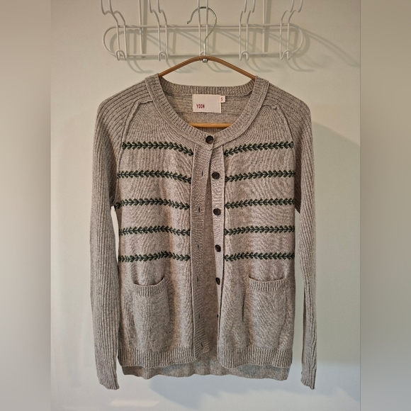 Yoon Sweaters - Yoon Women's Gray Wool/Cashmere Cardigan with Green Leaf/Stripe Accent (Size S)